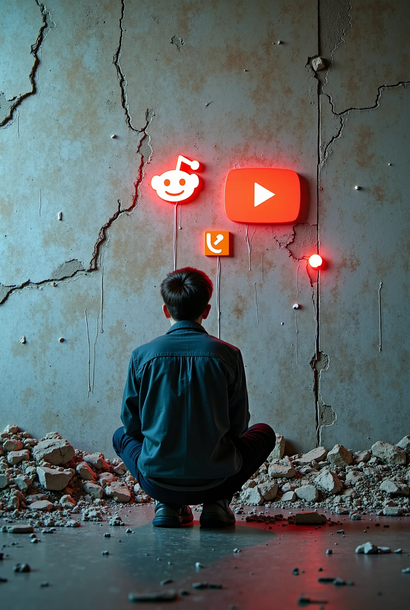 A young businessman girl on her knees cries in front of a destroyed wall that depicts the logos of the reddit platform tiktok YouTube platform, all this in such a futuristic cybernetic and cyberpunk atmosphere with artificial intelligence