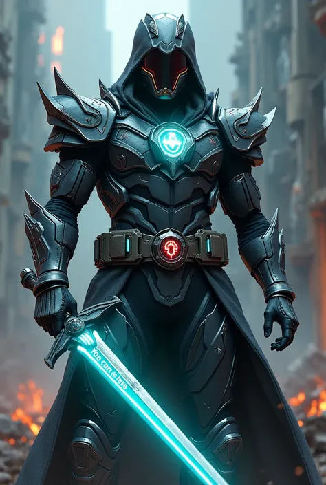 Power rangers wearing a dark  gray with neon light holding a sword on which written you can do this wallpaper,  armor,   cape,  holding plasma  energy asault rifle with sword 