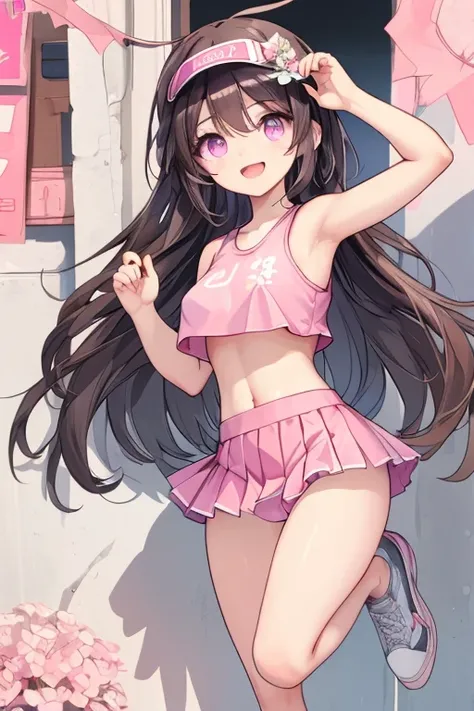  an anime girl,  Pink Eyes, long dark brown hair ,  pink sportswear, good face, cute body, pleated pink skirt, pink sports skirt, ((fitted pink crop top)), pink sleeveless fitted square compression top, ((small white sneakers)), white casual sneakers, Whit...