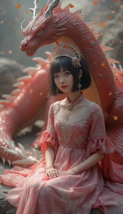 Imagine A Unreal Beauty Korean Short Cut Straight Hairs Sitting With A Dragon As A Mother Of Dragon, Unreal Beauty Korean Blue Eyes Soft Glowing Skin, Eye Catching Background, A Giant Giant Realistic Dragon, Unrealistic Beautiful Korean Dress And A Beautif...