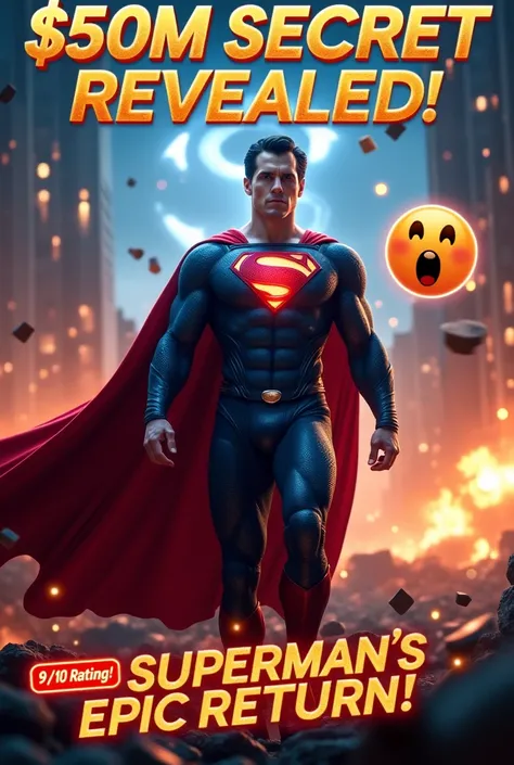 Create a high-energy, cinematic thumbnail featuring Superman in his new suit, standing heroically with his cape flowing dramatically. In the background, show a collapsing Metropolis cityscape with explosions, flying debris, and a giant Lex Luthor hologram ...