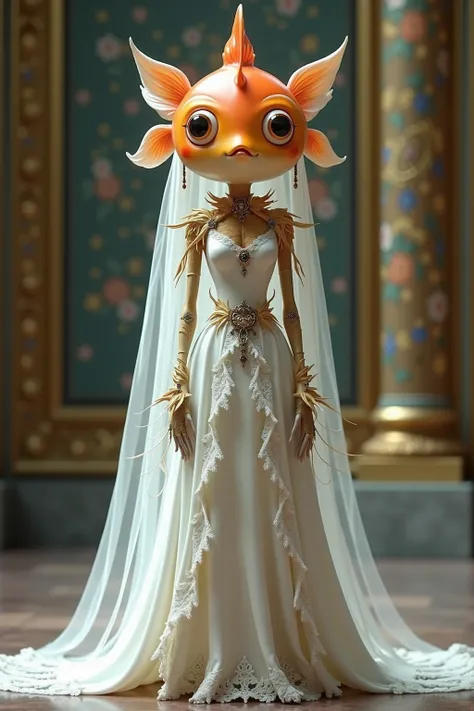 generate images of kawaii character of (goldfish head) zany scarecrow with a fantasy theme,( smile),  highly intricate gothic royal  white long dress with white veil, elegant, and visually striking, highly detailed accessories,fantasy king palace backgroun...