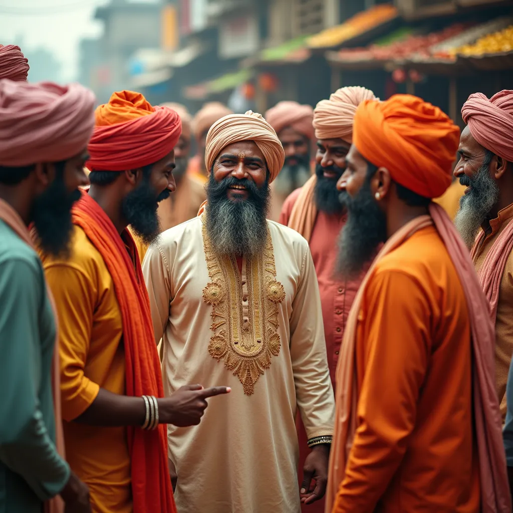 "A group of wealthy Indian merchants wearing colorful traditional attire (kurta-pajama, turbans) laughing mockingly at Ramesh. One of them points at him while speaking, and Ramesh, still calm and composed, smiles humbly. The setting is a village market wit...