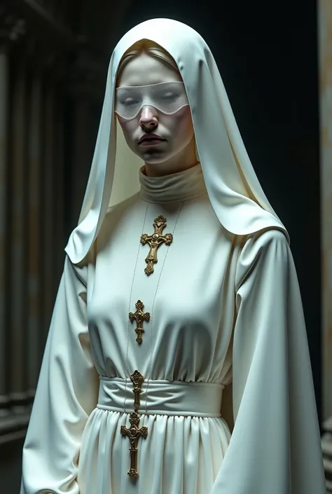 Profile of a female character, A vampire nun , wearing white religious clothing, blindfold and religious ornaments.  extremely white skin 