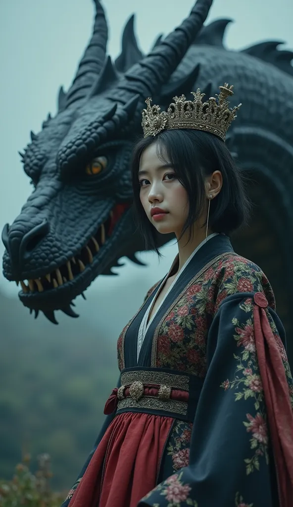 Imagine A Unreal Beauty Korean Short Cut Straight Hairs Standing With A Dragon As A Mother Of Dragon, Unreal Beauty Korean Blue Eyes Soft Glowing Skin, Eye Catching Background, A Giant Giant Realistic Dragon, Unrealistic Beautiful Korean Dress And A Beauti...