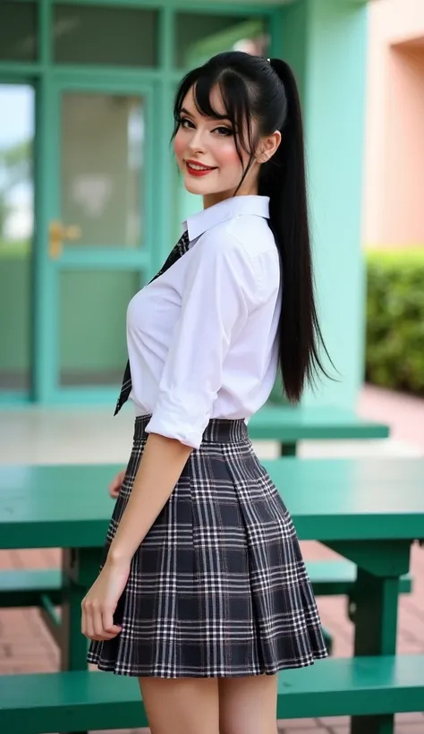 Real high quality and realistic photos of Thai woman,  beautiful (((big boobs , big boobs , nsfw))) , best quality,   20 year old Thai girl in a school uniform standing near a green metal table,  She's wearing a white shirt(((big boobs , big boobs , nsfw))...