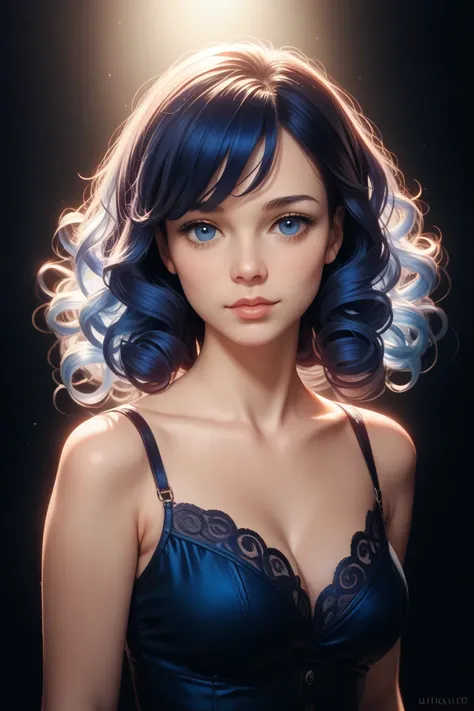 Neutral girl with no ears, dark blue hair, dark blue eyes, curly hair bob