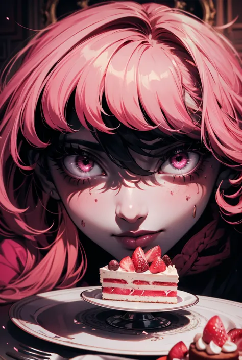  Official Art,  Unified 8k Tablecloth , Super Detailed, beauty and aesthetic, high quality, beauty, masterpiece, Best Quality, , Flat Color, Limited palette, Low contrast, cake, pink, bright pink color,, (fear), [gloomy,  in hell , Creepy,   best lighting ...