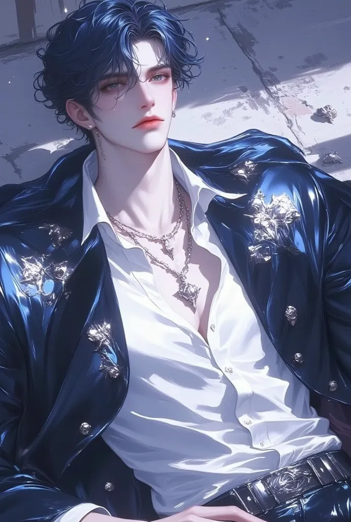 impasto, cool manga style, high quality, extremely detailed, extremely delicate line, amazing color, masterpiece, 1 man, tall, mascular, handsome, dark blue hair, sharp eyes, lower-sanpaku eyes, slightly parted lips, handsome, fashionable clothes, lying on...