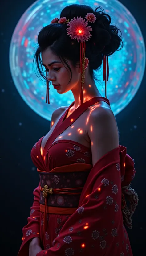 
Luminous and iridescent silhouette of a busty Japanese muscle geisha, who cries inconsolately . black background