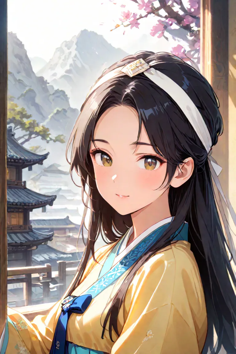  best detail , Adult female, flat chest , Korean ancient background ,Sangtou hair,Long sleeves, Korean clothing ,waist춤 칼 , black hair,waist,headband