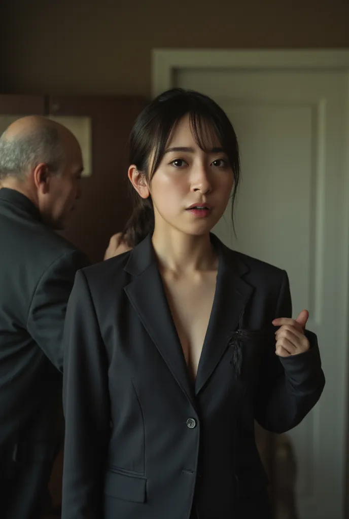 (Best Quality、4K、Hi-Res)、front view、Japanese woman wearing a torn business suit、Nipples、full body、Tattered woman、An old man grabs a woman's neck、poor bust、hotel、Persuassive face to camera、ponytail、