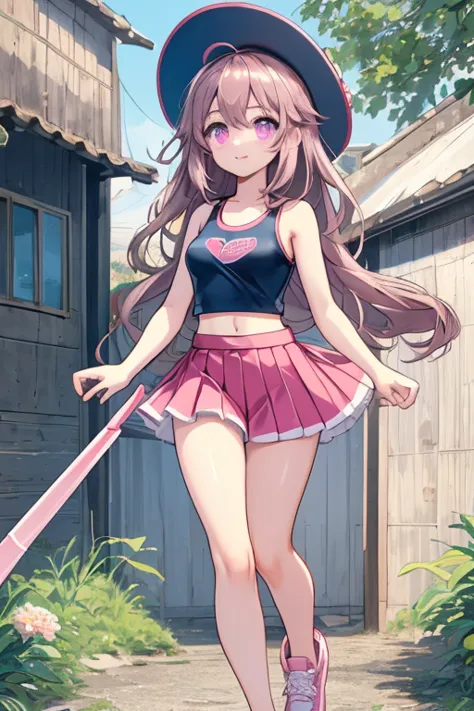  an anime girl,  Pink Eyes, long dark brown hair ,  pink sportswear, good face, cute body, pleated pink skirt, pink sports skirt, ((fitted pink crop top)), pink sleeveless fitted square compression top, ((small white sneakers)), white casual sneakers, Whit...