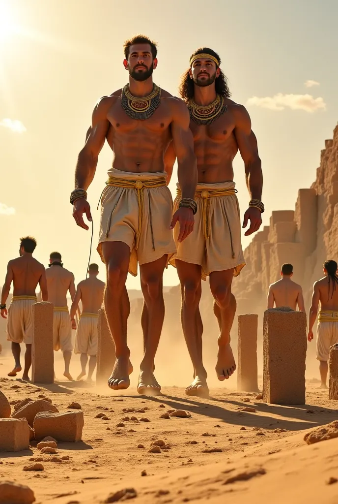 A group of muscular giants, clad in traditional Egyptian linen loincloths and golden accessories, effortlessly lift massive limestone blocks while human workers use ropes and pulleys to guide them into place. The sun casts long shadows over the golden dune...