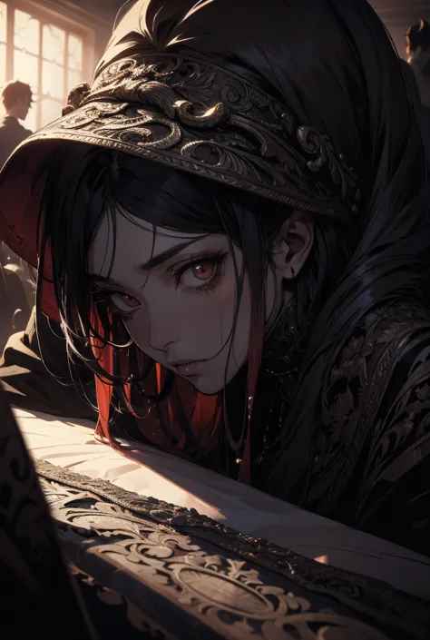  Official Art,  Unified 8k Tablecloth , Super Detailed, beauty and aesthetic, high quality, beauty, masterpiece, Best Quality, , Flat Color, Limited palette, Low contrast, (fear), [gloomy,  in hell , Creepy,   best lighting  , close up, handsome guy