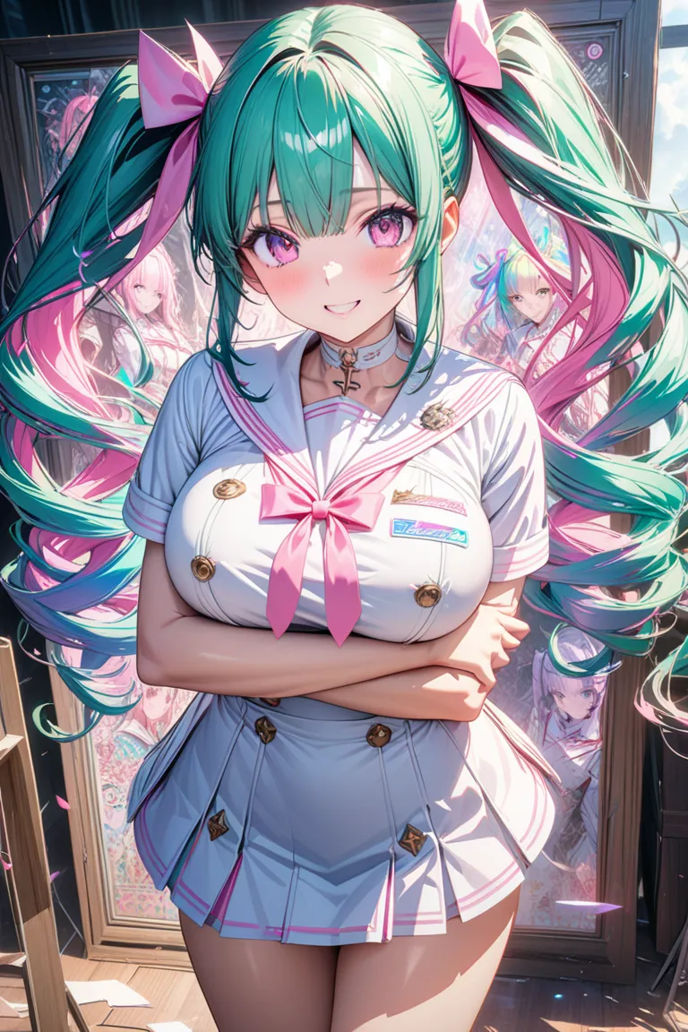    masterpiece,amazing quality,best quality,ultra-detailed,8k,illustration,CG, drawn on the beautiful board ,1cute girl, EMERALD hair,  pattern ,twin tails,twin drills,pink ribbon,smiles, Large breasts, cute white sailor suit with pink lines,miniskirt, pin...