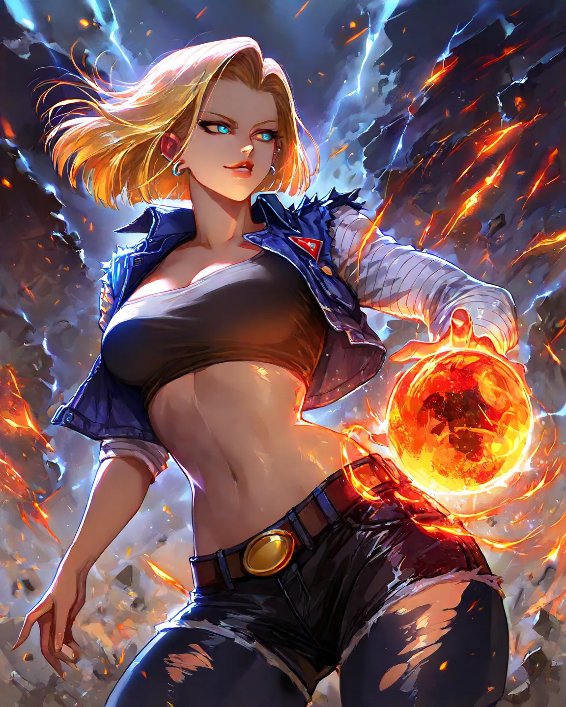 Android 18 with a voluptuous and toned body, her smooth, radiant skin glowing under the intense energy she wields. Her long blonde hair flows wildly as she holds a burning energy sphere in her hand, surrounded by vibrant colors and electric sparks illumina...