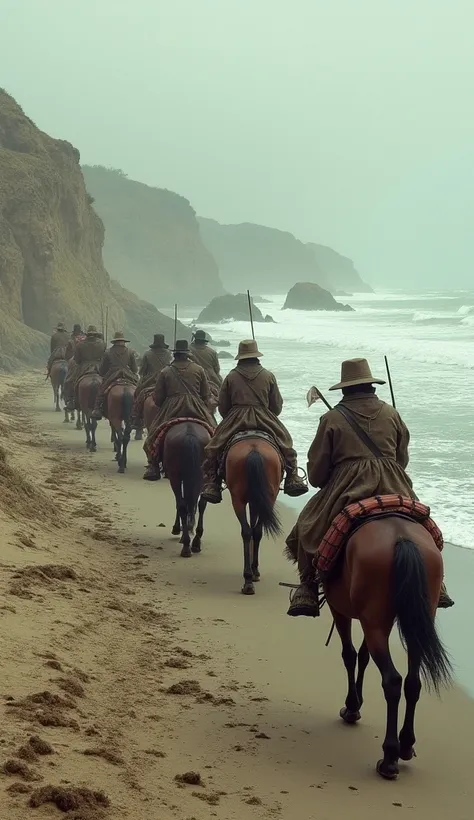 "A historical re-imagination of Passage du Gois in the 18th century, with horse-drawn carts and people walking on the exposed seabed. The attire of the people should reflect the old French coastal village style."