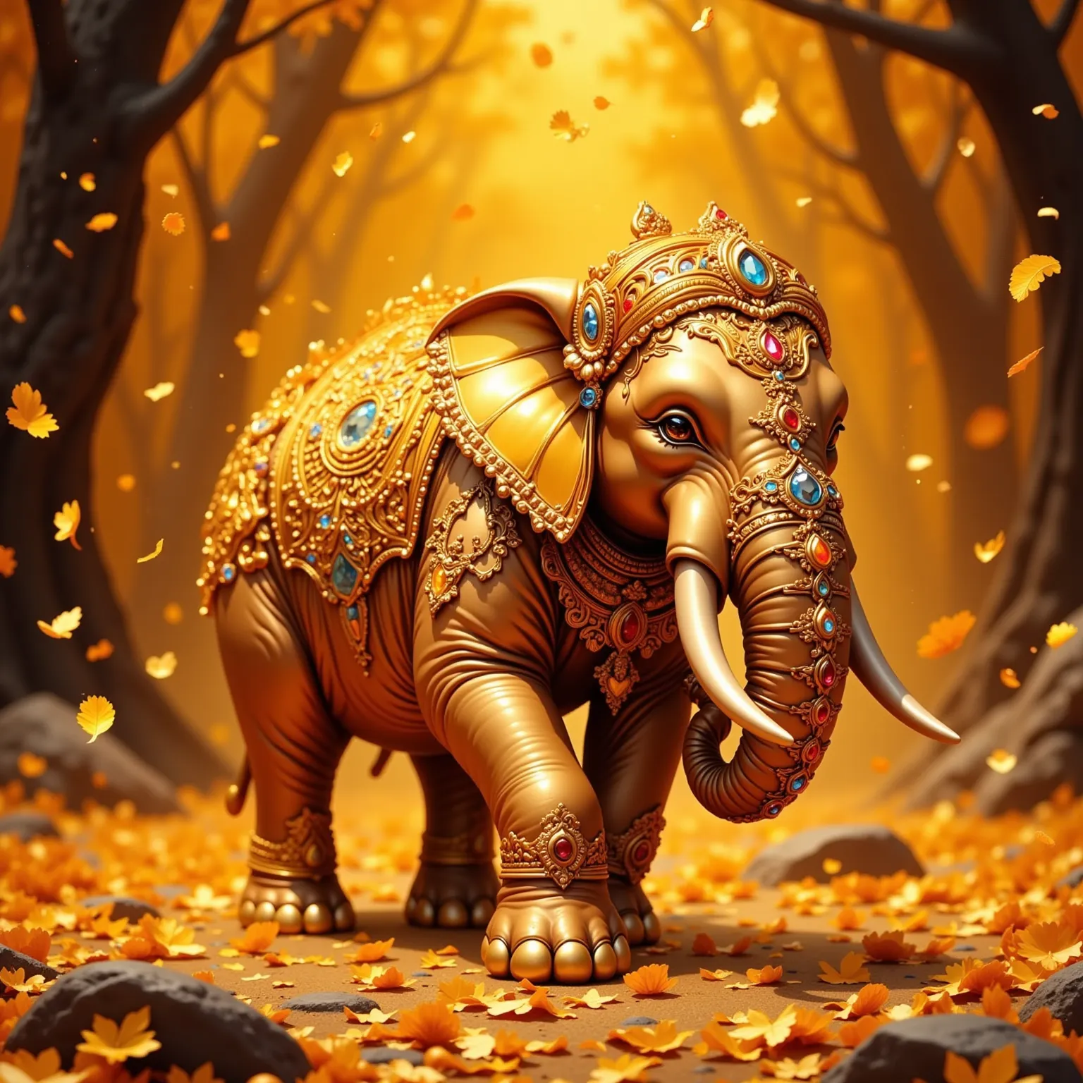 On a background full of gold, 1/A golden elephant with golden, smooth, golden skin made of about the size of 5 is moving vividly. On a background full of gold, draw a golden elephant decorated with jewels, Draw a golden elephant that is very handsome, clea...