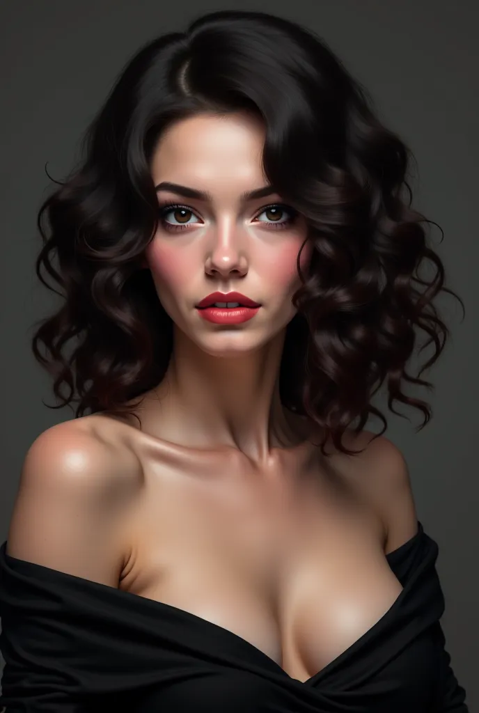 Create for me a realistic image of a strong woman, powerful and enigmatic whose skin is white, wavy hair medium cut and wavy, the black eyes, arched eyebrows, The perky nose but medium size, the voluminous and heart-shaped pink lips, the rounded face with ...