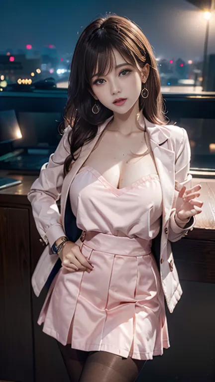 (masterpiece:1.3, PHOTOREALISTIC:1.5, 32K, Best Quality, masterpiece, Ultra High Resolution), perfect dynamic composition, Professional Camera Work,  movie lights, ( Midnight:1.0), Office Background, Detailed skin and facial textures:1.3, cute and sexy sli...