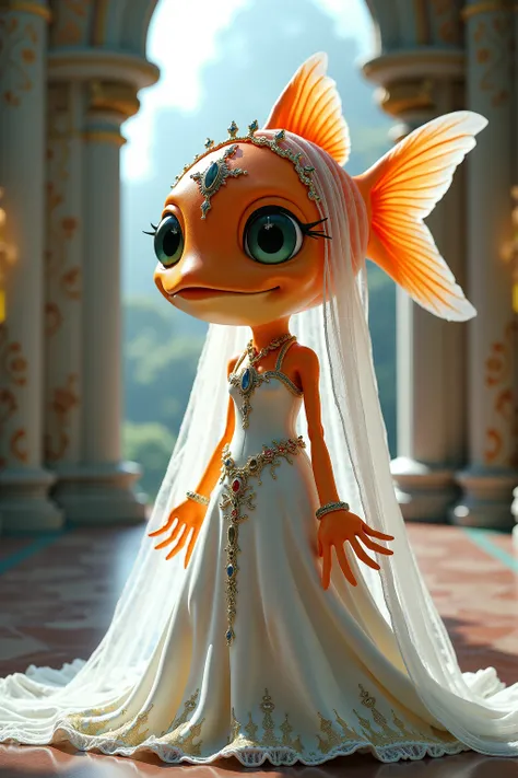 generate images of kawaii character of (goldfish head) zany scarecrow with a fantasy theme,( smile),  highly intricate gothic royal  white long dress with white veil, elegant, and visually striking, highly detailed accessories,fantasy king palace backgroun...