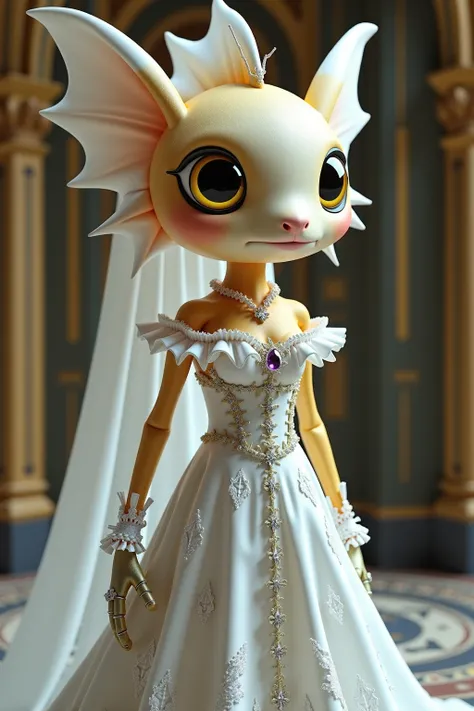 generate images of kawaii character of (goldfish head) zany scarecrow with a fantasy theme,( smile),  highly intricate gothic royal  white long dress with white veil, elegant, and visually striking, highly detailed accessories,fantasy king palace backgroun...