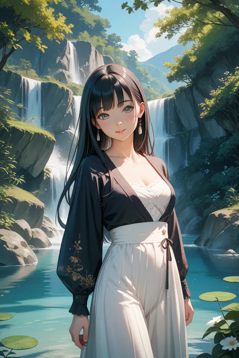 Please draw an image of a Japanese woman！
long black hair　 slimming