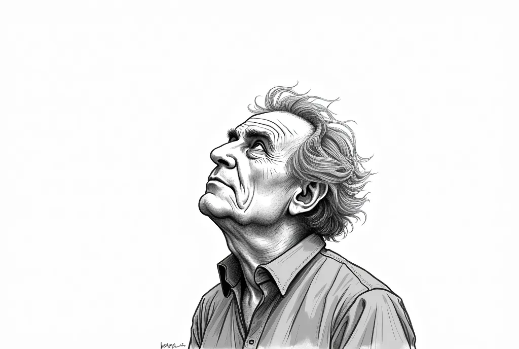 Charles BUKOWSKI looking to sky simple sketch with white  background 