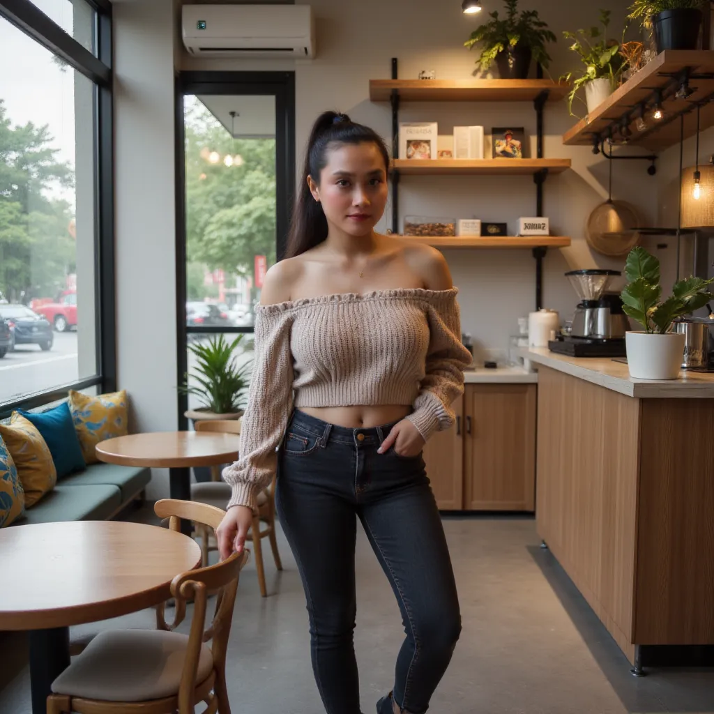 A realistic photo of a beautiful Indonesian woman, approximately 26 years old, with long black hair neatly tied into a high ponytail. She has a soft smile on her red lips, and her fit, toned, and curvaceous figure exudes confidence. She is standing casuall...