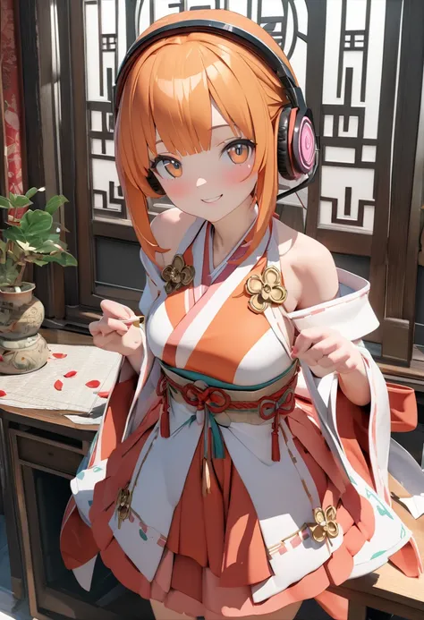 There are fortune-telling tools on the desk in the There are fortune-telling tools on the desk in the oriental room. Cherry blossom petals are dancing inside. She is fortune-telling and She is a kawaii top idol. Big smile. shrine maiden costume, Ａ headphon...