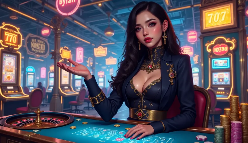 A stunning and charismatic female casino dealer (croupier) stands elegantly on the far right side of an opulent, neon-lit casino environment. She wears an elegant and stylish casino outfit, with a confident and inviting smile. Her gaze is warm and engaging...