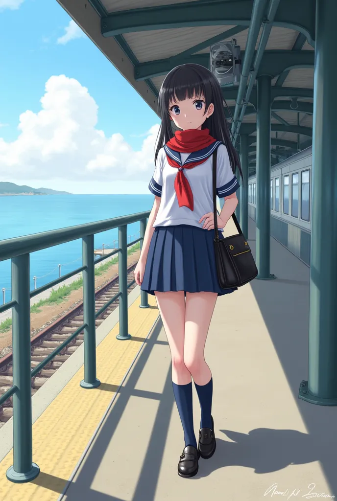 A girl wearing a summer sailor suit。The length of the skirt is below the knee, red scarf, dark blue high socks, and loafers。Tall and thin（168 cm 45 kg）I have a black leather bag。Natural makeup with long black hair。Student council president with a cool face...