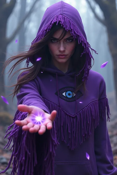 Generate a fringed woman, wearing a purple hoodie with an eye on it, shooting magic arrows.