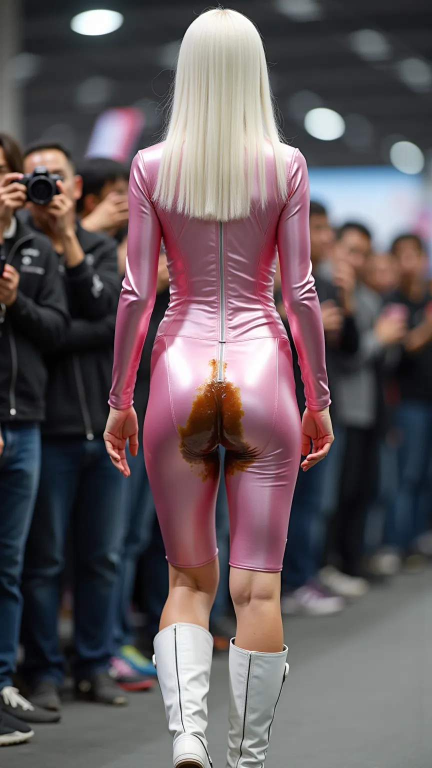 multiple fans take pictures with cameras,angle from back,full body,(Excited fans),((A 20-year-old Japanese woman leaks a large amount of poop from her anus into her bike suit)),A 20-year-old Japanese woman who sticks out her butt and leaks a large amount o...