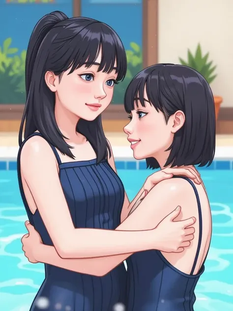 Two Girls、Elementary school students playing in the pool in dark blue swimsuits、 Hot Summer Day、upper body
