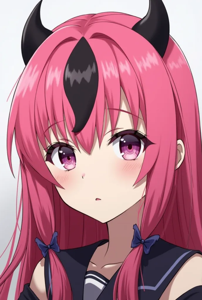 
1girl,
"A character with vibrant pink hair, featuring a distinct black streak in the shape of a crescent moon positioned at the center of the bangs, flowing elegantly towards the right. Additionally, two long, jet-black streaks extend symmetrically from b...