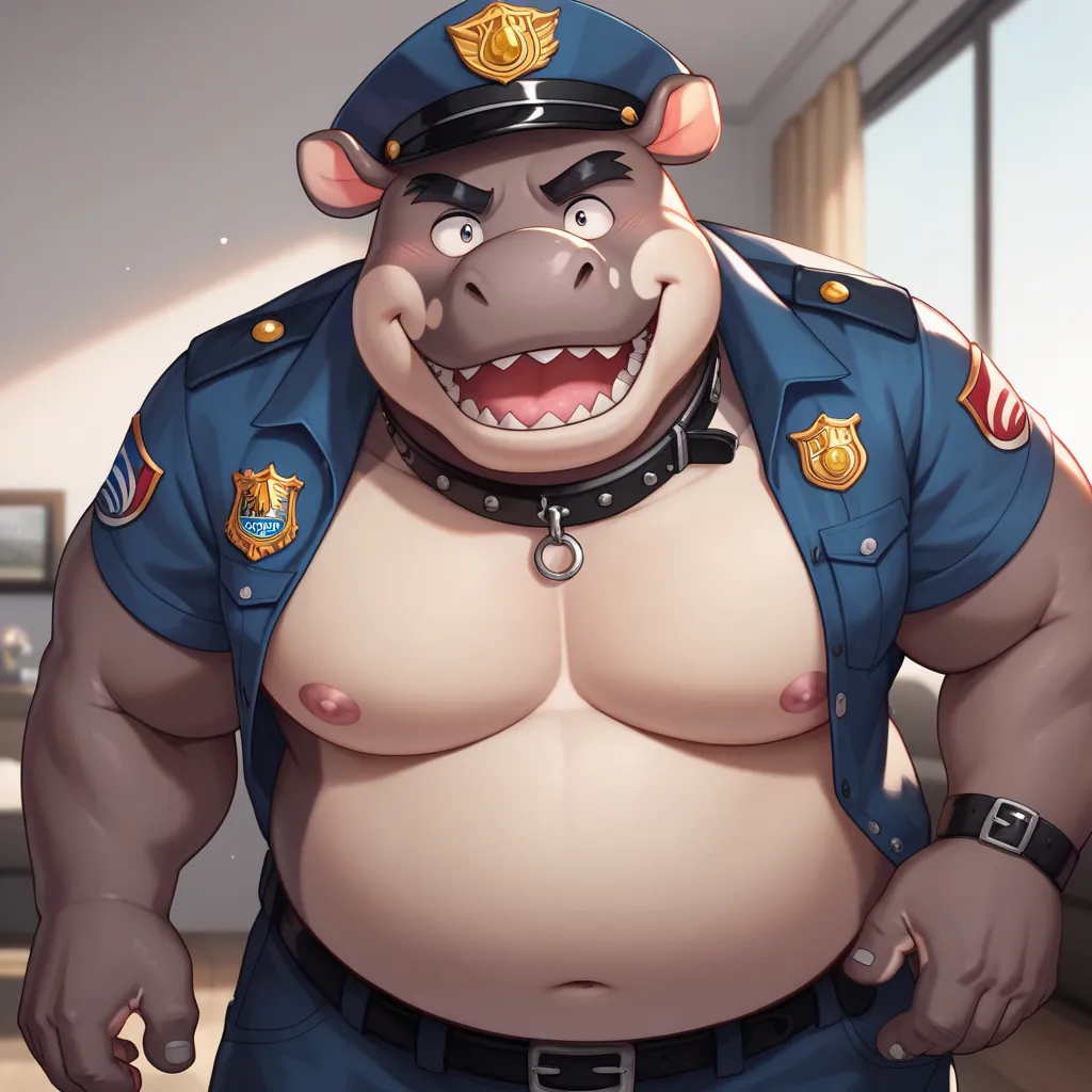 Scribble Hippopotamus face,Humanity(Hippopotamus),Chubby,(Black eyebrows:1.1),(Perfect eyes),Smooth Skin，（artist:Takemoto Arashi），Living room background，（Collar:1.3），claw，（black beard:1.3），（Police Uniform:1.3）。Wearing a Leather collar around his neck.