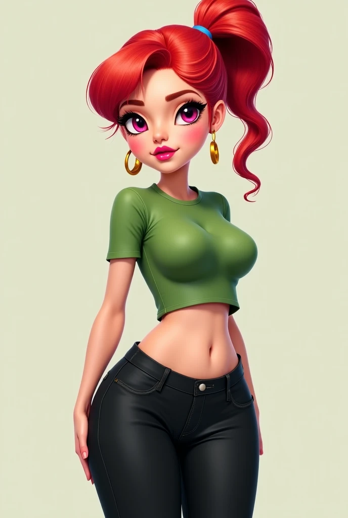 (photorealism:1.2), a  girl who has red hair that is tied into a ponytail, pink eyes, pink lipstick, long eyelashes, an outie belly button, and a green crop-top, black pants and shoes, shapelier body and wears gold earrings.  