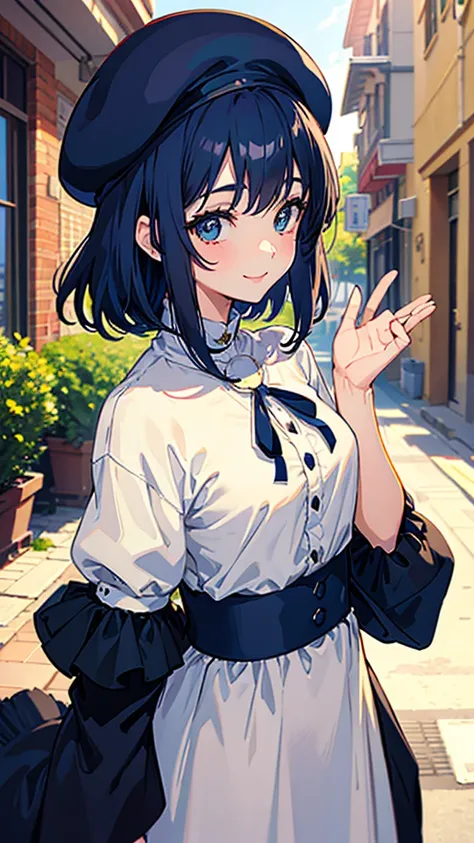 anime,  everyday wear、Beautiful Boy Like a Beautiful Girl with Very Short Navy Blue Hair、smile、Big cat eyes、ivory high neck shirt、brown small beret、Don&#39;t show your breasts、dark brown long skirt、Colorful Flowers々、Flying Butterflies 々, Front bust, best q...