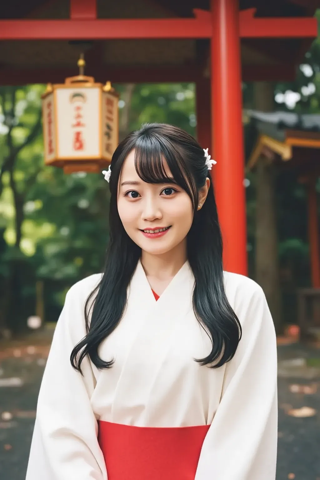 {
  "prompt": "A portrait of a young Japanese miko (shrine maiden) standing in a traditional Shinto shrine. She is wearing a white kimono with red hakama, and her long black hair is tied up in a traditional style. She is smiling softly and looking directly...