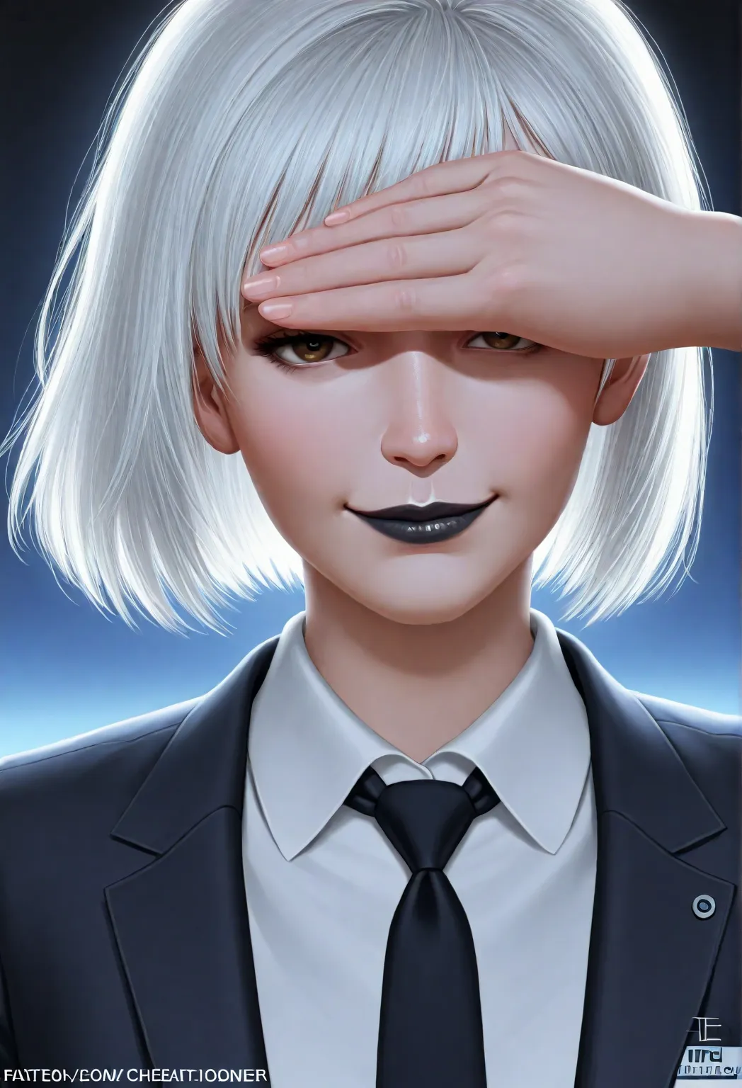 1girl, short hair,  white hair, (hair closes eyes,:1.2) black lips,  business suit, tie, smug,  focus on thin fabric , realistic, lips, nose, closed mouth,