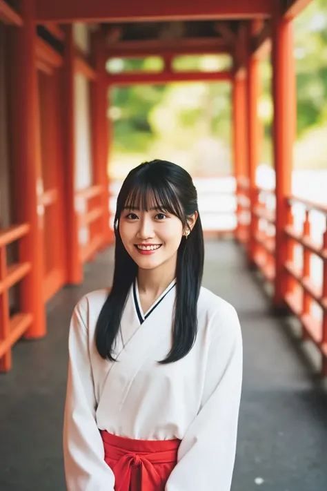 {
  "prompt": "A portrait of a young Japanese miko (shrine maiden) standing in a traditional Shinto shrine. She is wearing a white kimono with red hakama, and her long black hair is tied up in a traditional style. She is smiling softly and looking directly...