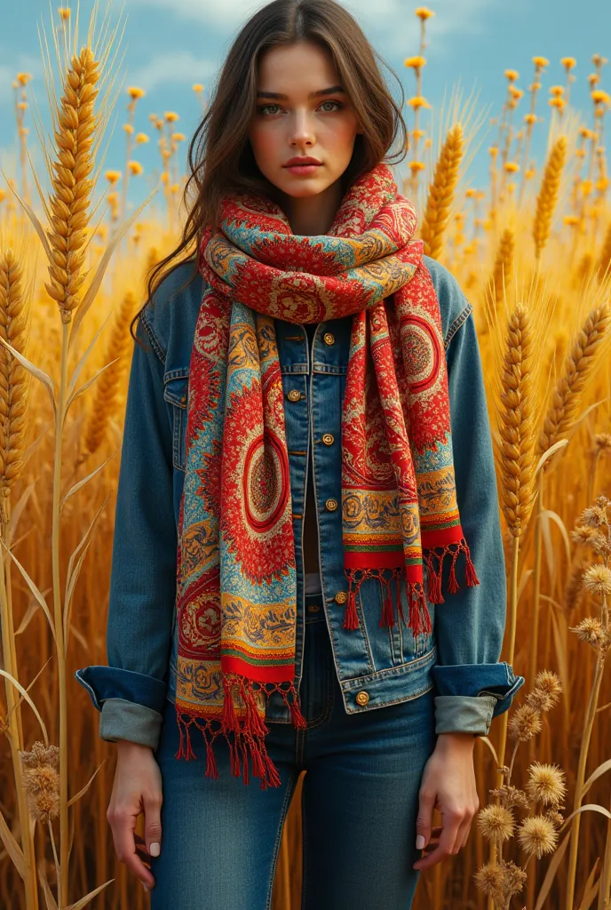 Gustav Klimt painting style: Generate a photo for the day of the Ukrainian scarf size 9 : 16 so that a woman is visible and full height ,  background is a field of wheat or flowers , a woman should be dressed in modern clothes and a traditional scarf on he...