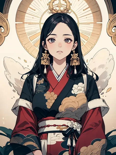 A stunning anime-style portrait of a Japanese noblewoman in traditional attire, with long flowing black hair adorned with golden ornaments. She gazes forward with a calm and dignified expression. Behind her, intricate geometric patterns and a halo of light...