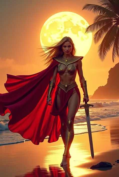 She-Ra do He-Man,  walking confidently along the beach , Dela ( majestic red cloak fluttering in the wind :1.9)  against the backdrop of a warm sunset  (golden hour), with palm trees silhouetted behind Dela, (she holds a sword in Dela right hand,  ready fo...