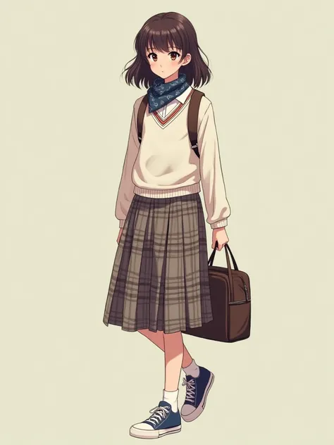 Female junior high school student with Showa retro atmosphere　She has dark brown semi-long hair, a sharp face, a white polo shirt, a V-neck sweater, a checked culotte skirt, a bandana wrapped around her neck, and a rucksack underfoot in canvas shoes