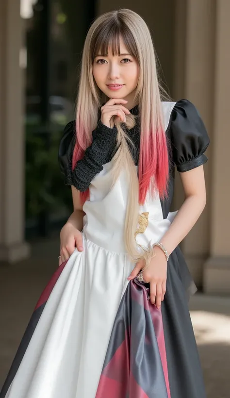 Silky smooth hair、Three hair colors: white blond hair, black hair, and red hair、Flush the bangs、 hairstyle is straight、Long hair up to chest、The hairstyle is a ponytail、maid clothes、skirt