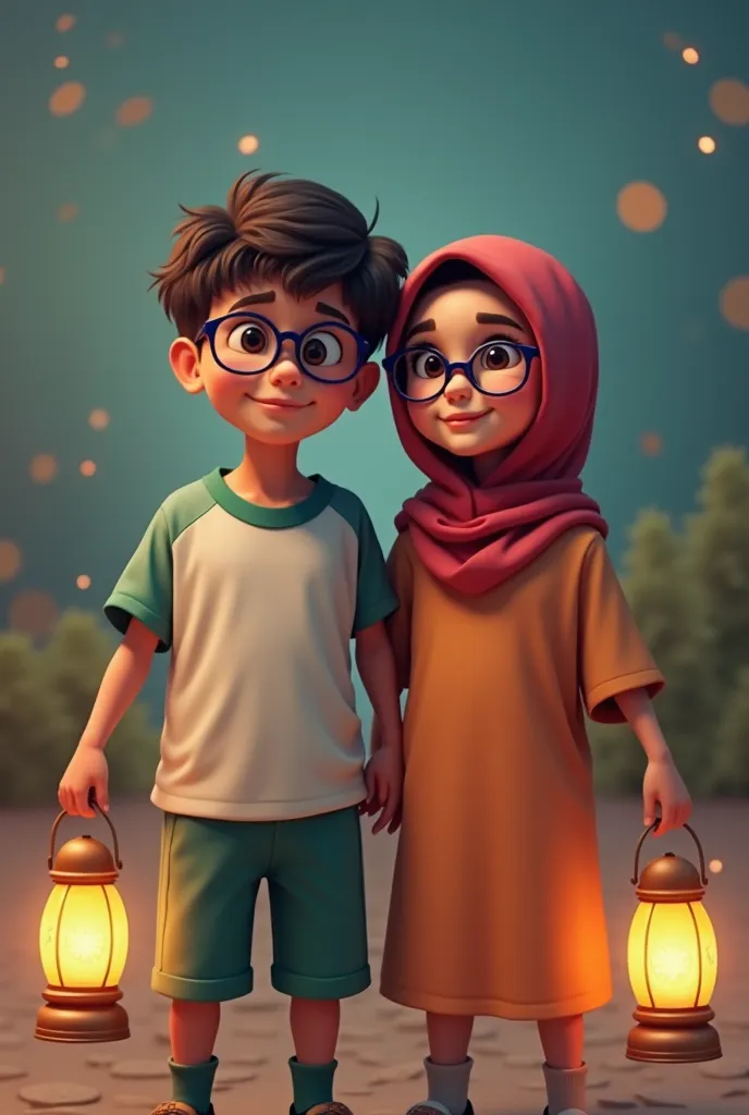 A sporty boy wearing a sports dress with a sports girl wearing a head scarf with a sports dress as well as wearing glasses , One of them is holding a Ramadan lantern. They stand together slightly apart. A three-dimensional image is a complete picture, i.e....