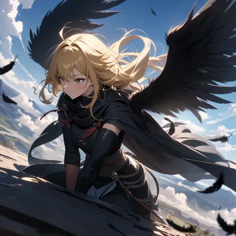 "(masterpiece, ultra detailed, high quality:1.2), Anime Style, distant view, golden-haired, dark-eyed kunoichi, Edel traveling through the air on a huge black crow, tsuki , wings spread across the sky, dark feathers reflecting the light of the moon or the ...